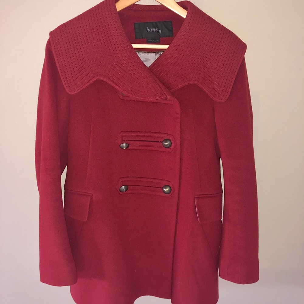 HANII Y Sz 42 Deep Red Peacoat US Sz 6 Fall Coat